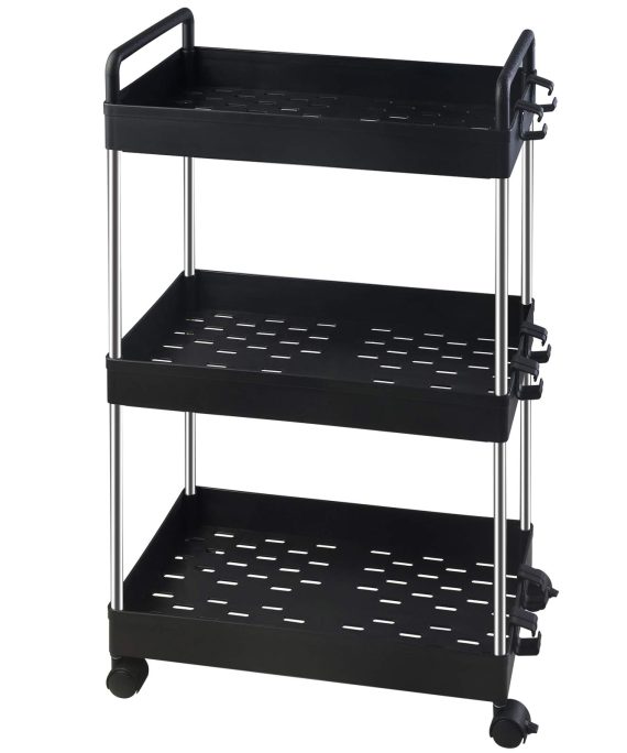 Ronlap 3 Tier Classic Storage Cart, Mobile Shelving Unit with Handle, Rolling Utility Cart Slide Out Storage Organizer Tower for Kitchen Bathroom Laundry Room, Black