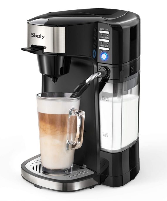 Sboly 6 In 1 Coffee Machine, Single Serve Coffee, Tea, Latte and Cappuccino Maker, Compatible With K-Cup Pods & Ground Coffee, Compact Coffee Brewer with Dishwasher Safe Milk Frother