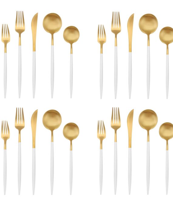 Matte Gold Silverware Set with white handle, Bysta 20-Piece Stainless Steel Flatware Set, Kitchen Utensil Set Service for 4, Tableware Cutlery Set for Home and Restaurant, Dishwasher Safe