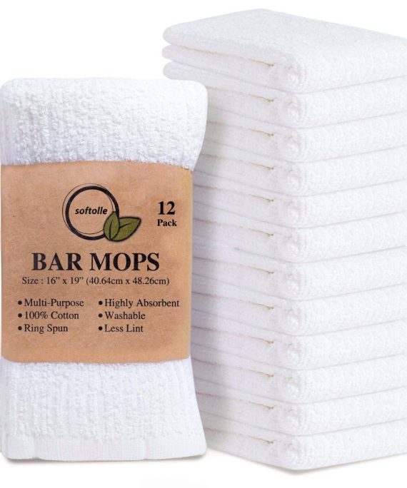Softolle Kitchen Towels, Pack of 12 Bar Mop Towels -16x19 Inches -100% Cotton White Towels - Super Absorbent Bar Towels, Multi-Purpose for Home, Kitchen and Bar Cleaning