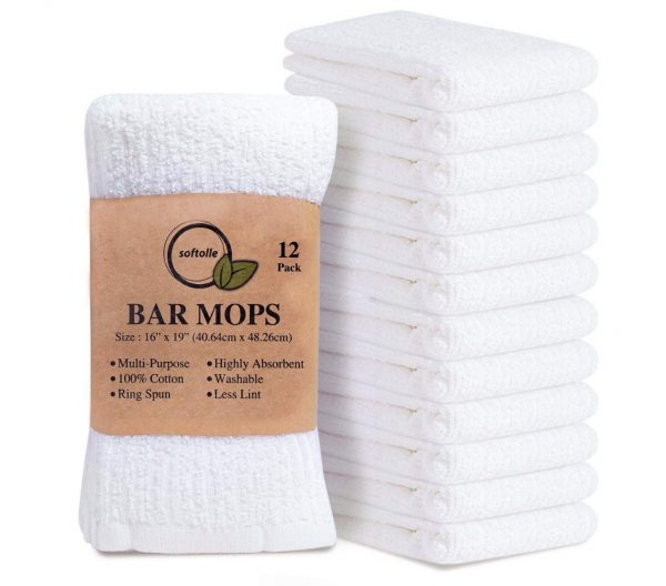 Softolle Kitchen Towels, Pack of 12 Bar Mop Towels -16x19 Inches -100% Cotton White Towels - Super Absorbent Bar Towels, Multi-Purpose for Home, Kitchen and Bar Cleaning