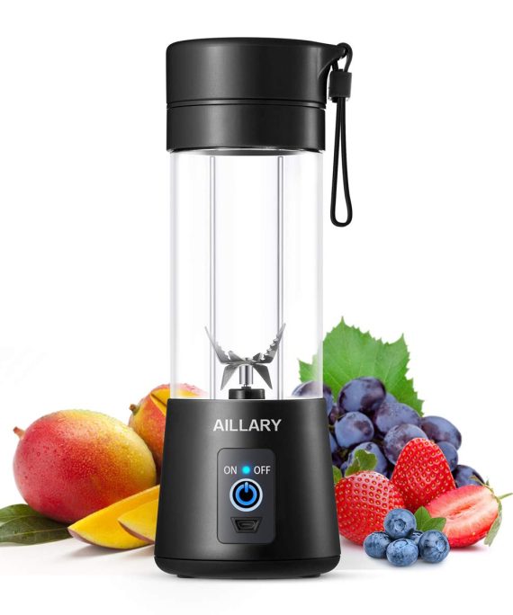 Portable Blender, Aillary Personal Size Blender Shakes and Smoothies,Six Blades Household Fruit Mixer,13oz Mini Battery Cordless Travel Jucier Cup USB Rechargeable (Black)