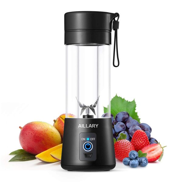 Portable Blender, Aillary Personal Size Blender Shakes and Smoothies,Six Blades Household Fruit Mixer,13oz Mini Battery Cordless Travel Jucier Cup USB Rechargeable (Black)
