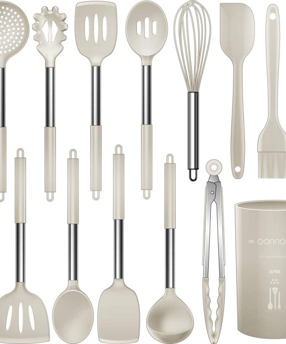 Silicone Cooking Utensils Set - Heat Resistant Kitchen Utensils,Turner Tongs,Spatula,Spoon,Brush,Whisk.Stainless Steel Khaki Silicone Cooking Tool for Nonstick Cookware.Dishwasher Friendly. (Large)