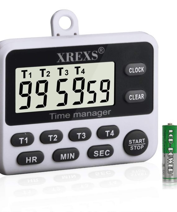 XREXS 4 Channels Digital Kitchen Timer Clock, Cooking Timer with Large LCD Display, 4 Groups Simultaneous Timing Countdown Up Pocket Timer, Magnetic Attachable (Battery Included) (396)