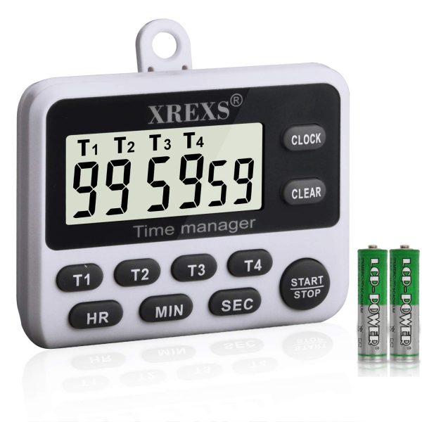 XREXS 4 Channels Digital Kitchen Timer Clock, Cooking Timer with Large LCD Display, 4 Groups Simultaneous Timing Countdown Up Pocket Timer, Magnetic Attachable (Battery Included) (396)