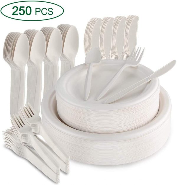 SMARTWASHBASICS 350-Piece Compostable Paper Plates and Utensils Set - Eco Friendly Biodegradable Plates, Spoons, Knives, Bowls and Cups Serveware Kit - Heavy Duty Disposable Sugarcane Dinnerware Set