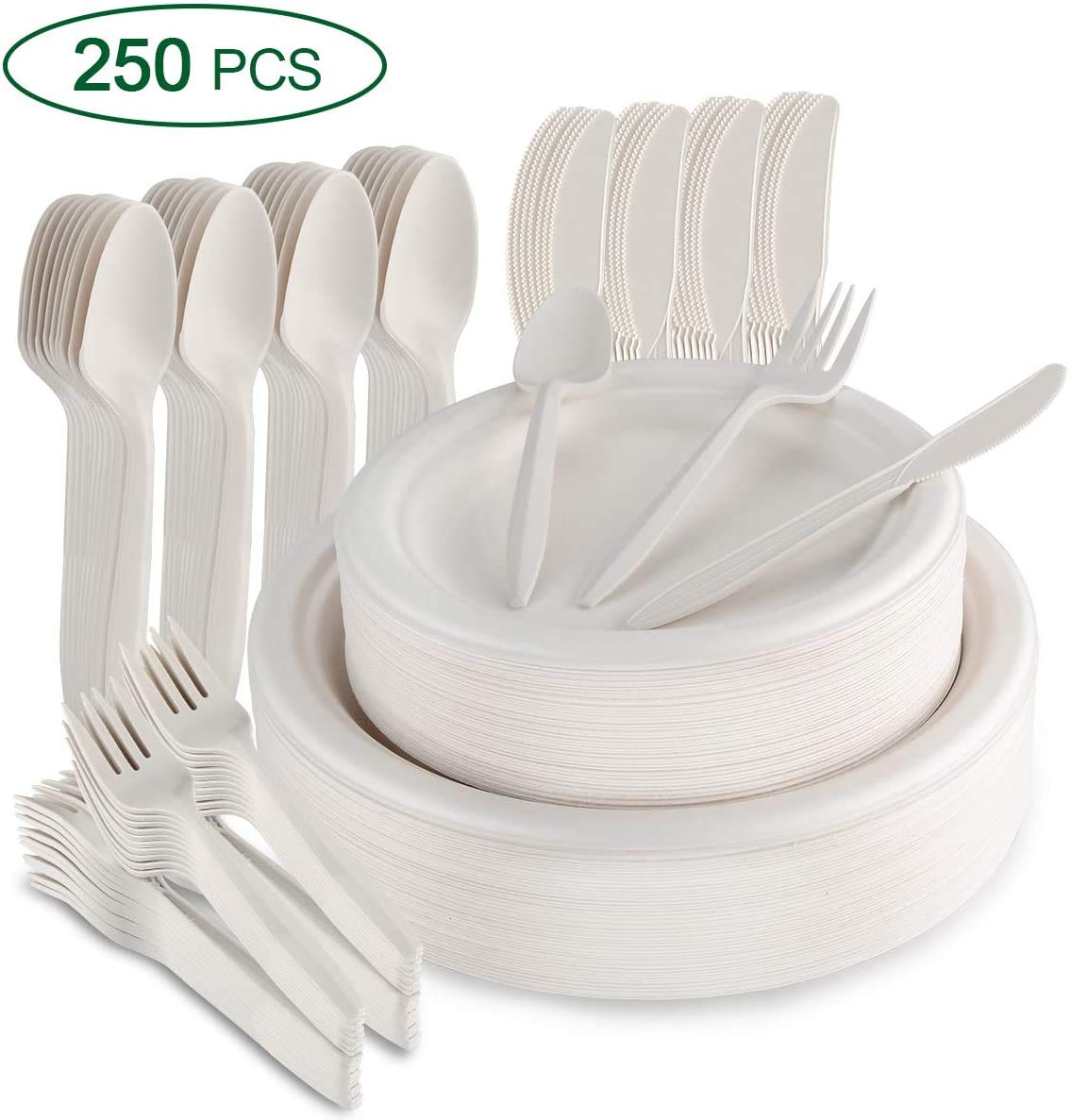 SMARTWASHBASICS 350Piece Compostable Paper Plates and Utensils Set
