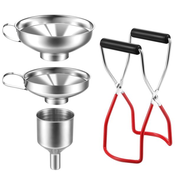4 Pieces Canning Funnel and Jar Lifter Set, Stainless Steel Small Funnel Kitchen Jar Funnel, Canning Jar Lifter with Secure Grip for Wide and Regular Jars for Transferring Liquid and Dry Ingredients