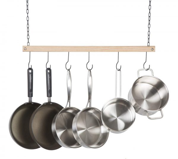 Soduku Pot and Pan Rack Organizer, Ceiling Mounted Single Wooden Cookware Hanger with 6 Hooks for Pot Pans Utensils