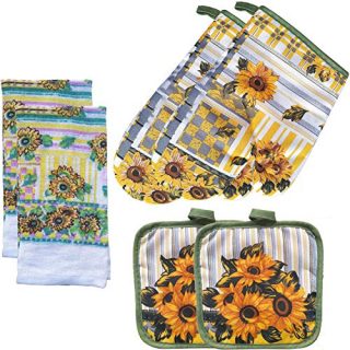 FSTIKO Sunflower Kitchen Linen Set Includes 2 Oven Mitt, 2 Pot Holders, 2 Kitchen Towels Dishcloths Kitchen Decor for Cooking, Baking, Barbecue（Set of 6 Piece）