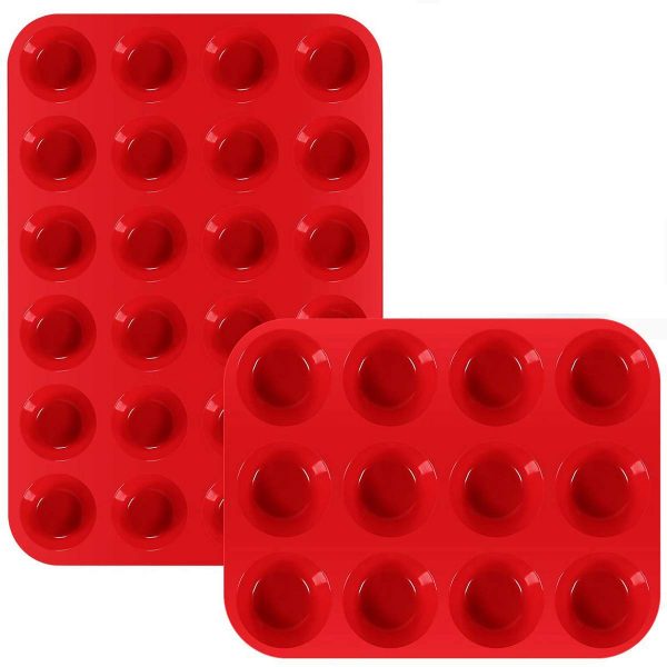 Silicone Muffin & Cupcake Baking Pan Set (12 & 24 Mini Cup Sizes ，Non Stick, BPA Free & Dishwasher Safe Silicon Bakeware Pans，Top Home Kitchen Rubber Trays & Molds（Red）