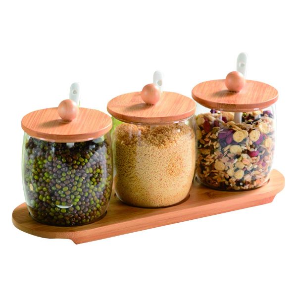 Vencer 3 Pcs Set Bulb Shaped Glass Sugar Salt Container Canisters Sets for Kitchen Serveware,Cute Spice Jars with Bamboo Lids and Spoons,Home and Kithcen Great Gift