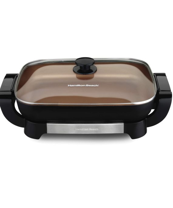 Hamilton Beach Durathon Ceramic Electric Skillet with Removable 12x15” Pan, Adjustable Temperature, Reversible Design, Tempered Glass Lid (38529K)