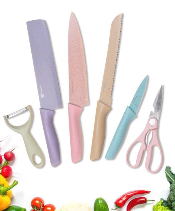 Fukep Colorful Kitchen Cutting Knife Set of 6 piece with Giftbox, Non-Stick Sharp Chef Kitchen Cutting Knife set Including Knives, Peeler, Scissor for cutting, slicing, mincing and dicing meat