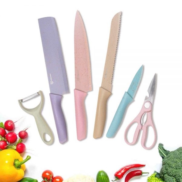 Fukep Colorful Kitchen Cutting Knife Set of 6 piece with Giftbox, Non-Stick Sharp Chef Kitchen Cutting Knife set Including Knives, Peeler, Scissor for cutting, slicing, mincing and dicing meat
