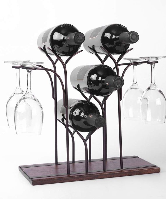 YCOCO Countertop Wine Rack,Hold 4 Bottles and 4 Glasses Wine Holder Storage Stand,Freestanding Wine Storage for Kitchen Home Bar Storage and Kitchen Decor,Bronze