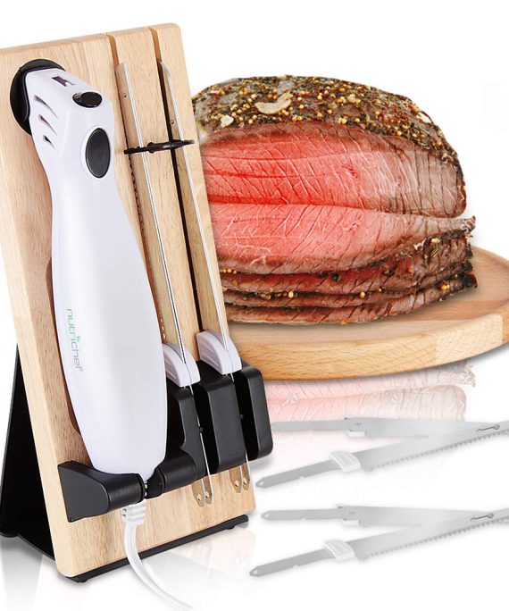 Electric Carving Slicer Kitchen Knife - Portable Electrical Food Cutter Knife Set with Bread and Carving Blades, Wood Stand, For Meat, Turkey, Bread, Cheese, Vegetable, Fruit - NutriChef