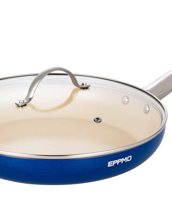 EPPMO Nonstick Frying Pan With Lid,Ceramic Blue Diamond Skillet 12 Inch,Round Aluminum Saute Pan for Oven, Electric and Induction Cooktops