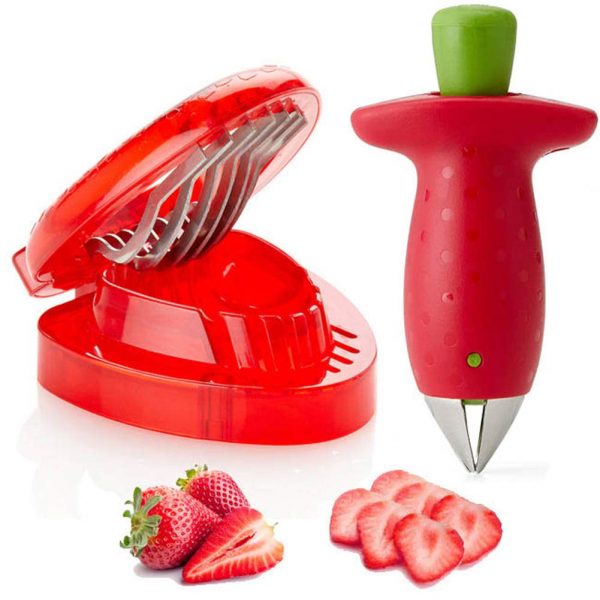Strawberry Huller Fruit Slicer Set, Berry Stem Leaves Huller Gem Remover Removal Fruit Peeling Tool Kitchen Accessories Corer Easy for Remove Strawberry Tomatoes and Stem Tool (2PCS)