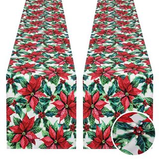 SoarDream Christmas Poinsettia Table Runner 2 Packes 13x84 Inches Printed Holly Leaves Table Cover Holiday New Year Party Table Decorations