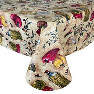 Newbridge Oil and Vinegar Tuscany Print Vinyl Flannel Backed Tablecloth, Olive Oil Bottle Indoor/Outdoor Waterproof Tablecloth, Barbeque, Patio and Kitchen Dining, 70 Inch Round