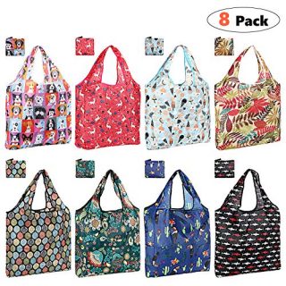 Reusable Grocery Bags, ONME Foldable 8 Pack Shopping Bags 50 LBS Large Volume Colorful Cute Fashionable Bags Ripstop Fabric Waterproof Machine Washable Eco-Friendly Bags with Pouch and Mini Lanyard