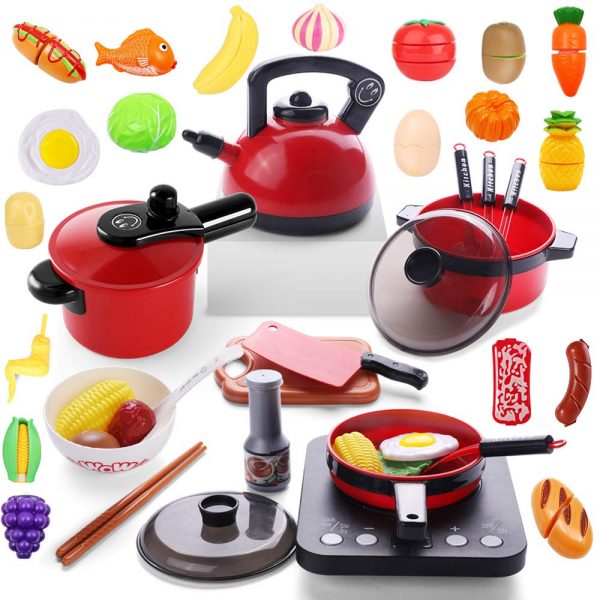 53PCS Kitchen Play Toy with Cookware Playset, Electronic Induction Cooktop, Pressure Cooker, Kettle, and Barbecue Grill, Cooking Utensils, Toy Cutlery, Cut Play Food, Learning Gift for Girls Boys Kids