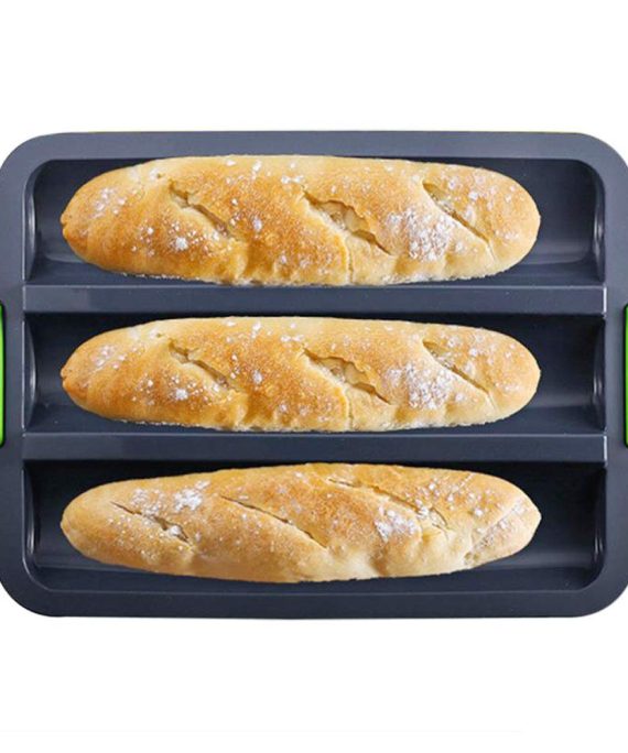 Silicone Baguette Pan Non-stick French Bread Baking Mould, 3 Wave Baguette Tray Loaf Pan 11"x2.3" Bake Mold, Non-Stick Baking Liners Mat Oven Toaster Pan Silicone Sandwich French Baking Tray(Grey)