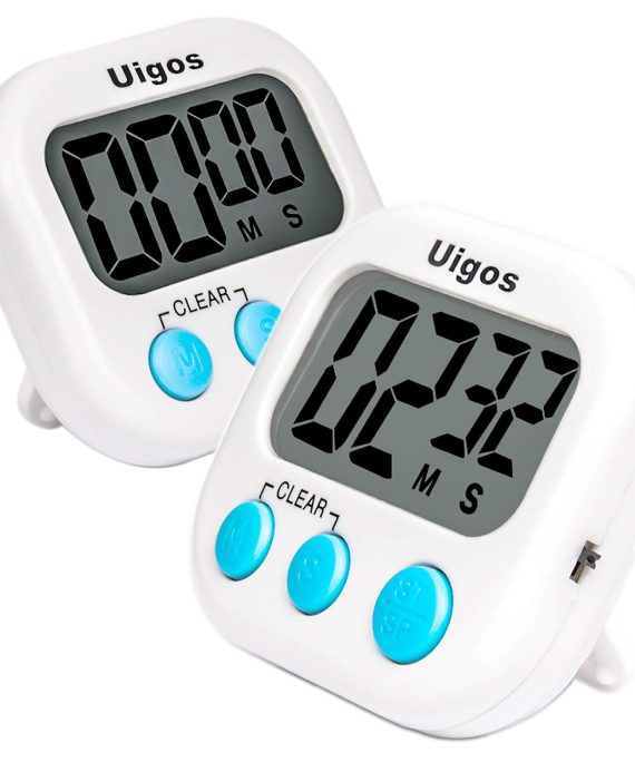 Uigos 2 Pack Digital Kitchen Timer II 2.0, Big Digits, Loud Alarm, Magnetic Backing, Stand, for Cooking Baking Sports Games Office (White) (2 Pack)