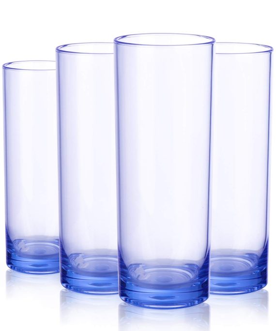 Pastic Tumbler Cups Drinking Glasses - CYKK Acrylic Highball Tumblers Set of 4 Clear Unbreakable Reusable Kitchen Drinkware Dishwasher Safe BPA Free Glass Drink Cup (455ml BLUE)