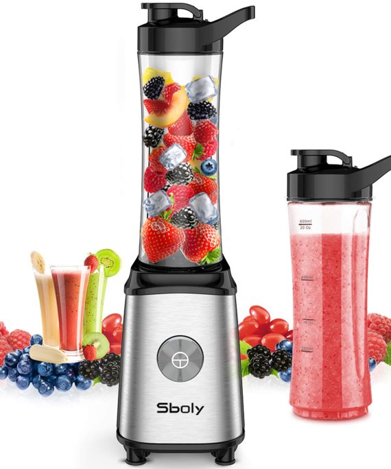 Sboly Personal Blender, Single Serve Blender for Smoothies and Shakes, Small Juice Blender with 2 Tritan BPA-Free 20Oz Blender Cups and Cleaning Brush, 300W