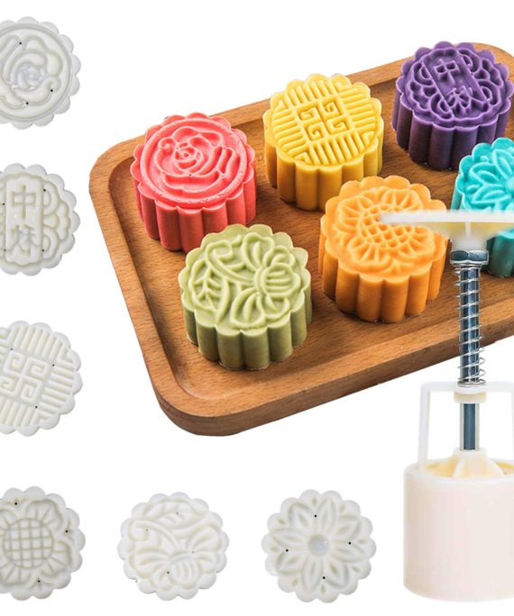 Moon Cake Mold 6 PCS, Mid Autumn Festival DIY Hand Press Cookie Stamps Pastry Tool Moon Cake Maker, Flower Mode Patterns 1 Mold 6 Stamps 50g (White).