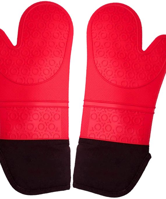 Red Oven Mitts Silicone Heat Resistant, 14.7 Inch Extra Long Oven Gloves and Pot Holders, Pure Cotton Lining, Non-Slip Textured Grip, for Kitchen, BBQ, Grilling, Cooking, 3 Piece Set