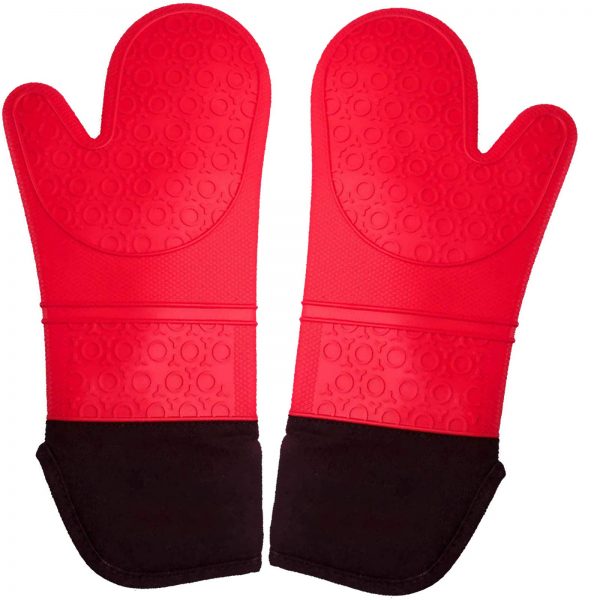 Red Oven Mitts Silicone Heat Resistant, 14.7 Inch Extra Long Oven Gloves and Pot Holders, Pure Cotton Lining, Non-Slip Textured Grip, for Kitchen, BBQ, Grilling, Cooking, 3 Piece Set