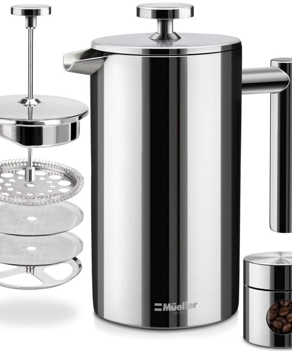 Mueller French Press Double Insulated 310 Stainless Steel Coffee Maker 4 Level Filtration System, No Coffee Grounds, Rust-Free, Dishwasher Safe