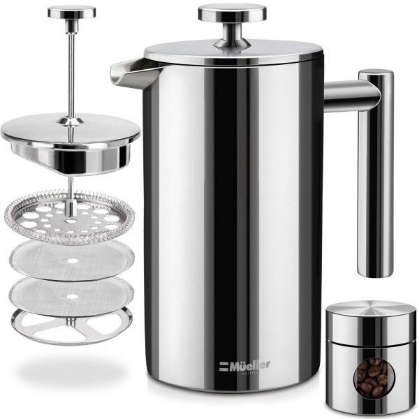 Mueller French Press Double Insulated 310 Stainless Steel Coffee Maker 4 Level Filtration System, No Coffee Grounds, Rust-Free, Dishwasher Safe
