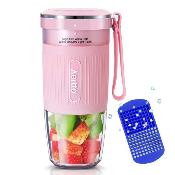 Portable Blender, Cordless Personal Blender Juicer, Mini Mixer, Smoothies Maker Fruit Blender Cup With USB Rechargeable, 10oz/300ml for Home, Office, Sports, Travel, Outdoors, by Aeitto, Pink