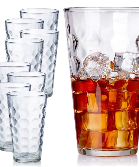 Chef's Star Clear Raindrop Drinking Glasses (Set of 8) -17oz Glassware Set with Heavy Base - Durable Drinkware for All Occasions