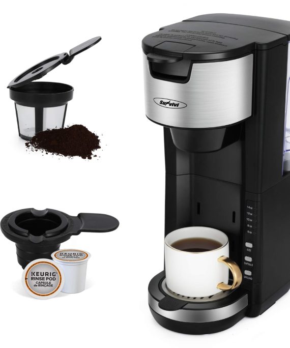 K Cup Coffee Maker, Single Serve Coffee Maker for Capsule Pod Ground Coffee, Coffee Machine with 30oz Removable Reservoir One-Touch Button, 1000W Fast Brew 5 Brewing Size, Adjustable Drip Tray Black