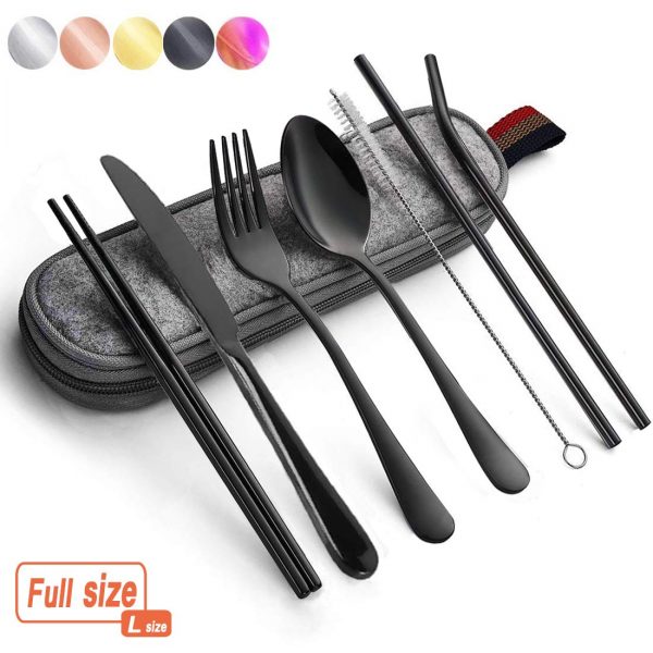 Portable Utensils Silverware Flatware set 8-Piece Cutlery set including Knife Fork Spoon Chopsticks Straws Portable bag for Travel Work Camping Picnic Stainless steel Utensil set (Black Full)