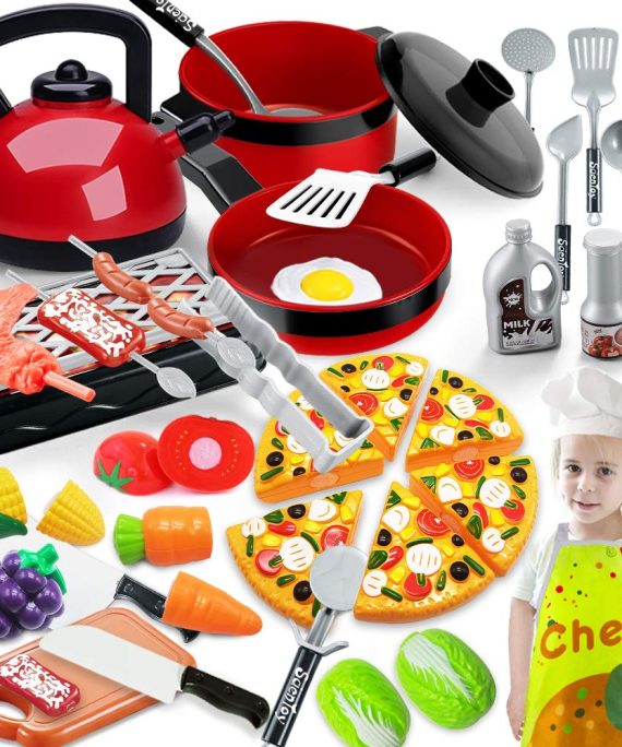 Scientoy Kitchen Toys for Pretend Play, 38 Pcs Toy Cooking Set with Cooking Utensils, Play Food, Chef Coat& Hat, Pizza, Pots & Pans and BBQ Grill for Kids, Learning Gift for Baby Toddlers Girls Boys