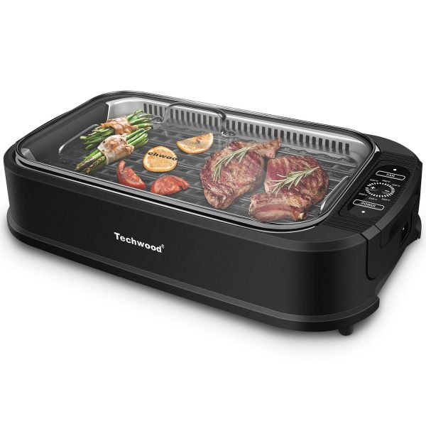 Techwood Smokeless Grill 1500W indoor Grill with Tempered Glass Lid, Compact & Portable Non-stick BBQ Grill, Turbo Smoke Extractor Technology, Drip Tray& Removable Plate