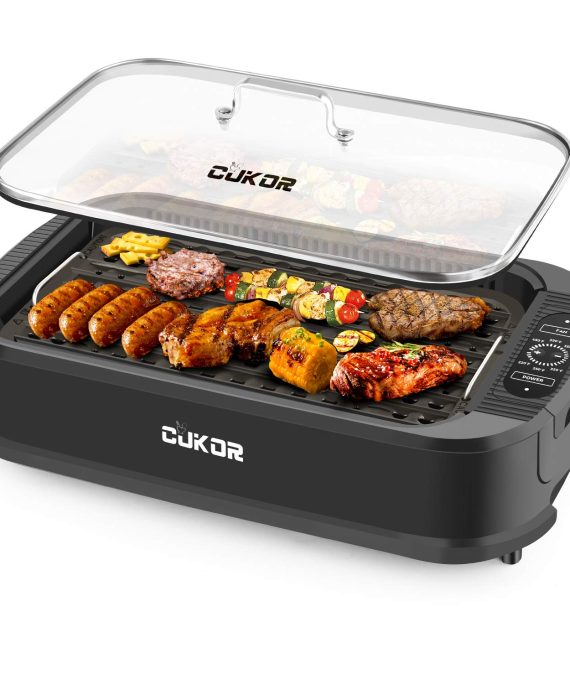 CUKOR Indoor Smokeless Grill,1500W Power Electric Grill with Tempered Glass Lid, Compact & Portable Non-stick BBQ Grill with Turbo Smoke Extractor Technology, LED Smart Control panel