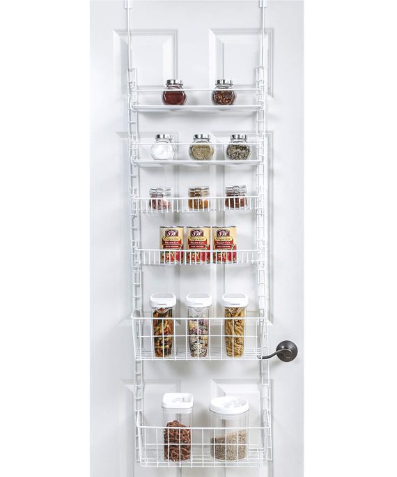 Smart Design Over The Door Adjustable Pantry Organizer Rack w/ 6 Adjustable Shelves - Large 58 Inch - Steel Construction w/ Hooks & Screws - for Cans, Food, Misc. Item - Kitchen [White]
