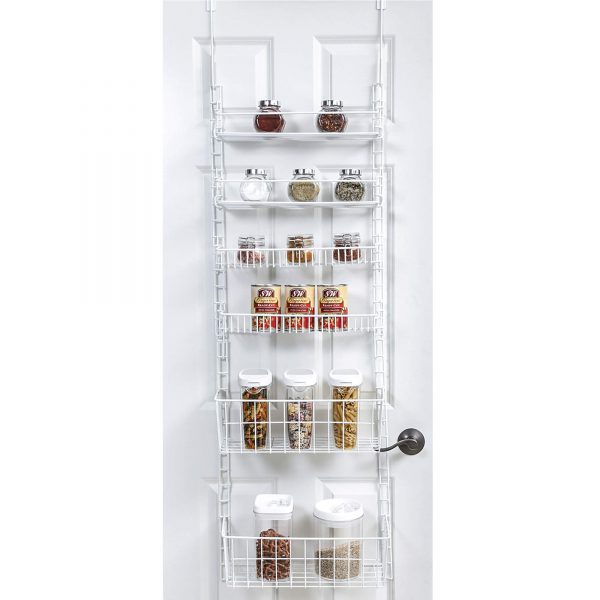 Smart Design Over The Door Adjustable Pantry Organizer Rack w/ 6 Adjustable Shelves - Large 58 Inch - Steel Construction w/ Hooks & Screws - for Cans, Food, Misc. Item - Kitchen [White]