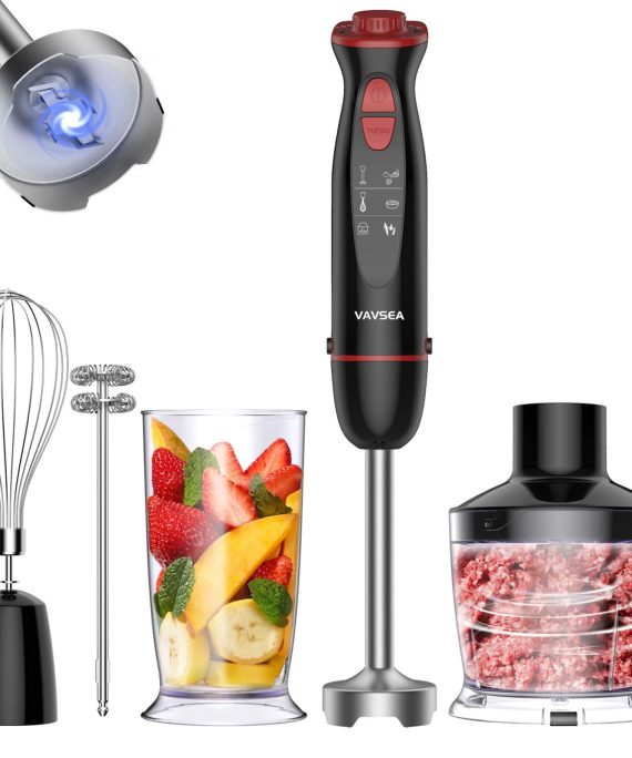 VAVSEA 1000W 5-in-1 Multi-function Immersion Hand Blender, 12-Speed Stick Blender with 500ml Chopping Bowl, Milk Frother, Egg Whisk, 600ml Beaker for Puree Infant Food/Smoothies/Soups, BPA-Free