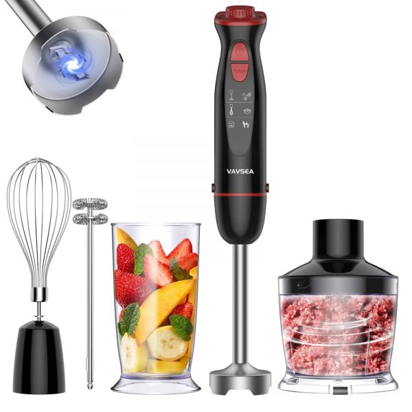 VAVSEA 1000W 5-in-1 Multi-function Immersion Hand Blender, 12-Speed Stick Blender with 500ml Chopping Bowl, Milk Frother, Egg Whisk, 600ml Beaker for Puree Infant Food/Smoothies/Soups, BPA-Free