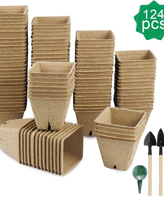 124 Pack Seed Starter Peat Pots for Sprouting Seeds, 100% Eco-Friendly Organic Germination Seedling Trays Biodegradable Kits for Vegetable, Flower and Garden Planting, 4 pcs Garden Tool Included