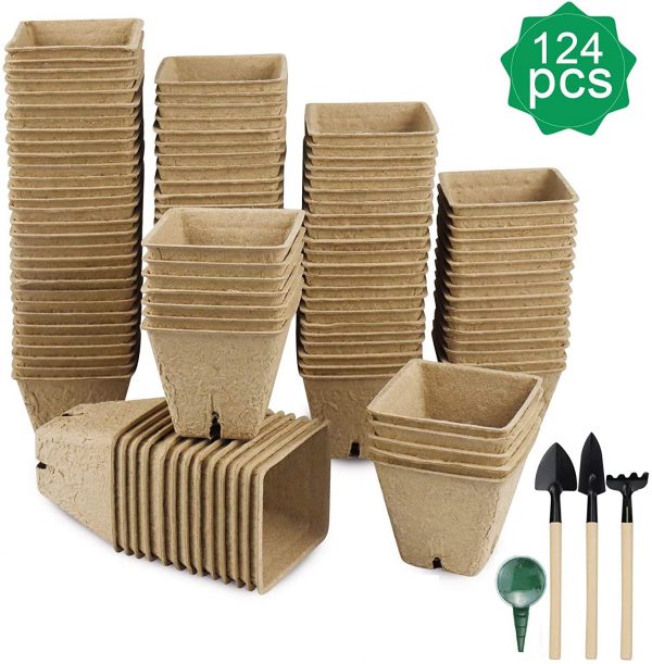 124 Pack Seed Starter Peat Pots for Sprouting Seeds, 100% Eco-Friendly Organic Germination Seedling Trays Biodegradable Kits for Vegetable, Flower and Garden Planting, 4 pcs Garden Tool Included